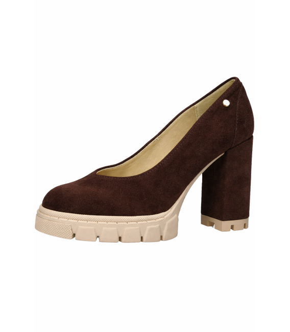 Vykrojené hnědé lodičky na hrubém podpatku z broušené kůže DLO2222