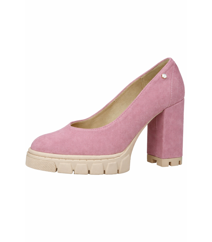 Vykrojené růžové lodičky na hrubém podpatku z broušené kůže DLO2222