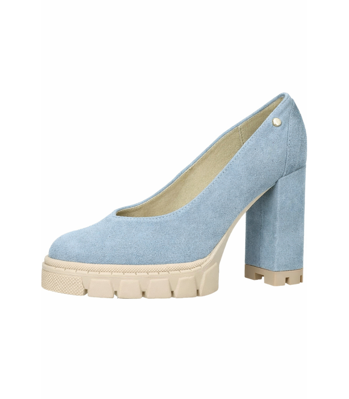 Vykrojené modrá lodičky na hrubém podpatku z broušené kůže DLO2222