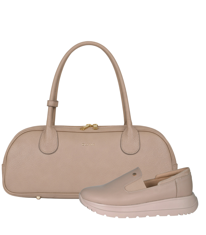 Zvýhodněný set kapučínové kožené slip on mokasíny DTE054+Kabelka Diana