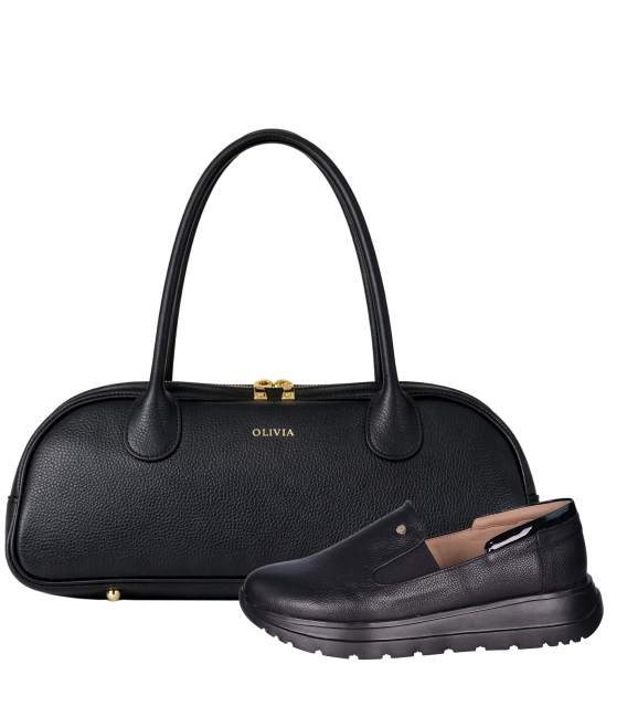 Zvýhodněný set černé kožené slip on mokasíny DTE054+Kabelka Diana