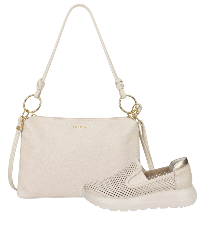 Zvýhodněný set béžové perforované slip on mokasíny DTE054+Kabelka Karin