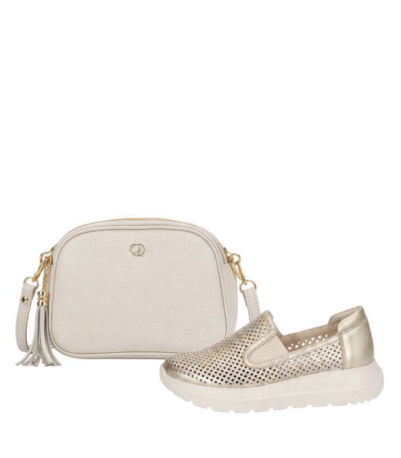 Zvýhodněný set zlaté perforované slip on mokasíny DTE054+Kabelka Laura