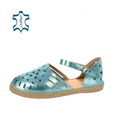 Zářivé modré pohodlné kožené sandály s vázáním kolem nohy 016-5005