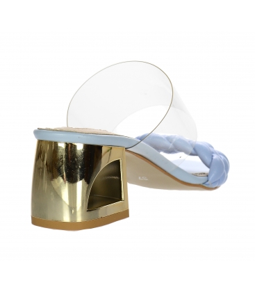 Bleděmodré kožené proplétané pantofle s průsvitným lemem a zlatým podpatkem DSL2310