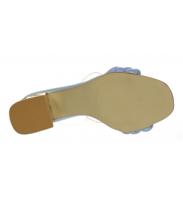 Bleděmodré kožené proplétané pantofle s průsvitným lemem a zlatým podpatkem DSL2310