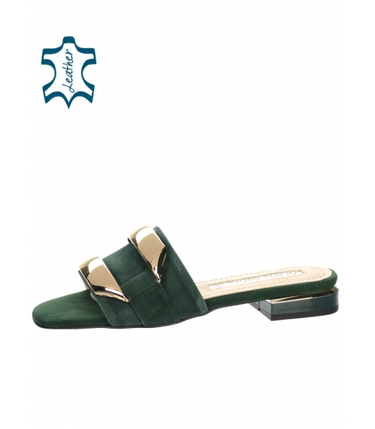 Zelené pantofle na nízkém podpatku se zlatou ozdobou DSL2313