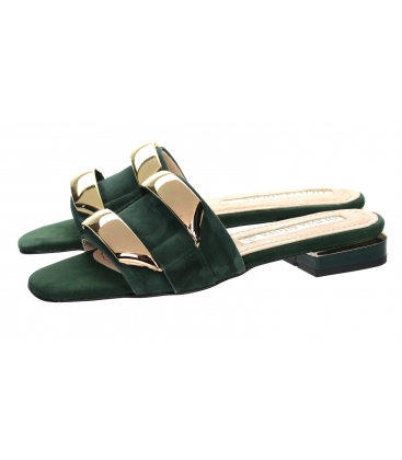 Zelené pantofle na nízkém podpatku se zlatou ozdobou DSL2313