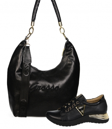 Zvýhodněný set černé kožené tenisky s nápisem OLIVIA DTE3500+ kabelka black AISHA