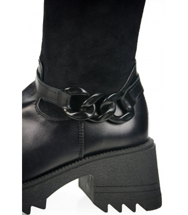 Černé vysoké kožené elastické kozačky s ozdobou DCI2346