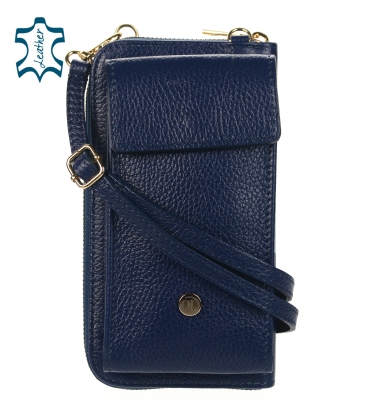 Praktická kožená modrá crossbody peněženka s kapsou Michaela