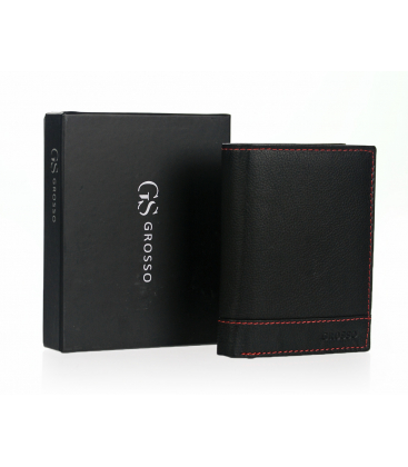 Pánská kožená černá peněženka s červeným prošíváním GROSSO 001